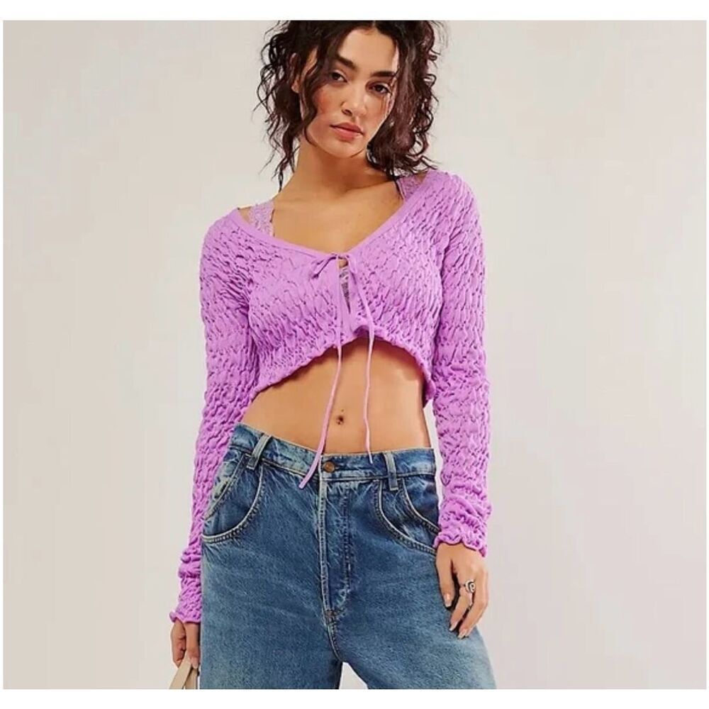 Free People Violet Tie Front Scrunchy Shrug Sz Small NWOT